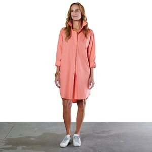 CARYN LAWN OS Preppy Shirt Coral Dress Navy Star Patches on Elbow